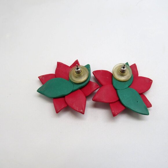 Christmas Poinsettia Brooch Earring Set Handcrafted Polymer Clay 2.5" Pin Studs - Picture 9 of 9